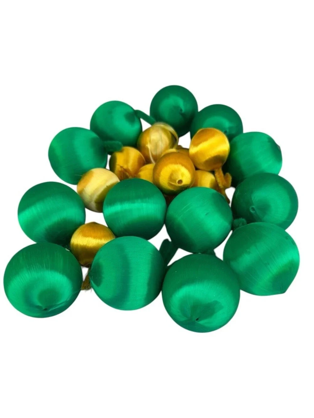 Vintage Christmas Satin Ornaments Green Gold Mid Century Style 22 Piece Set